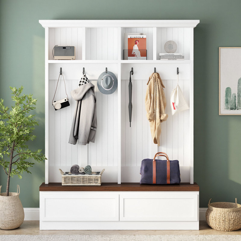 Farmhouse 4-In-1 Hall Tree With Wood Grain Bench And Storage Drawers, White, White