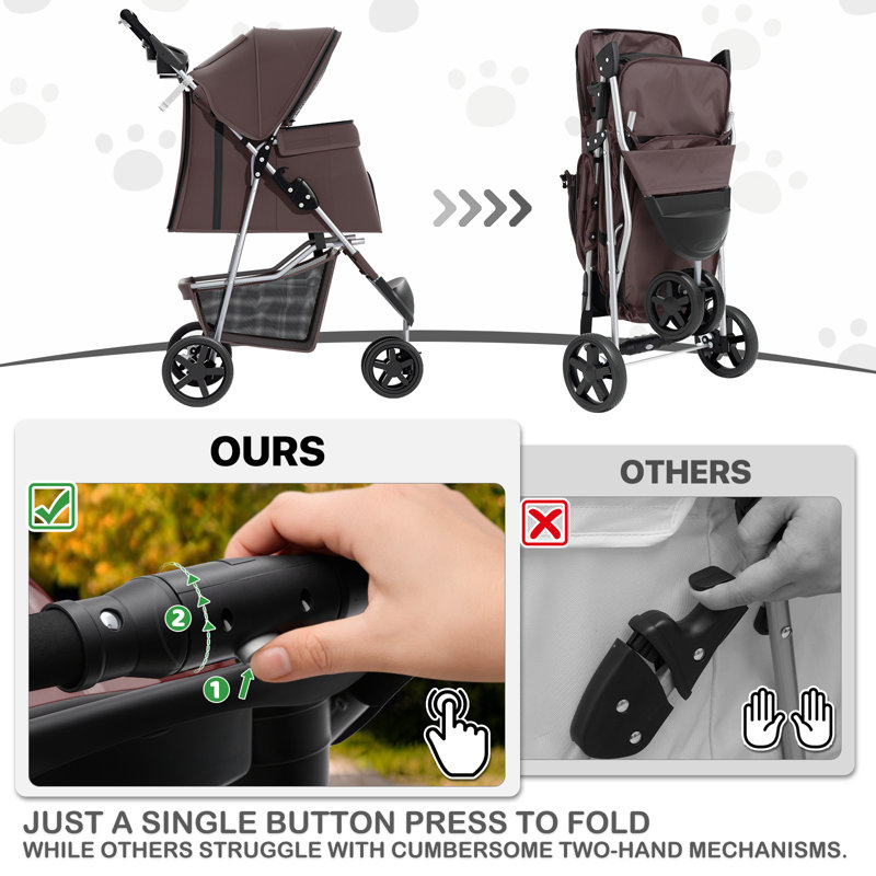 Foldable Pet Stroller, 3 Wheels Folding Carrier Jogger Stroller for Dogs Cats with Canopy and DIY Stickers, Coffee