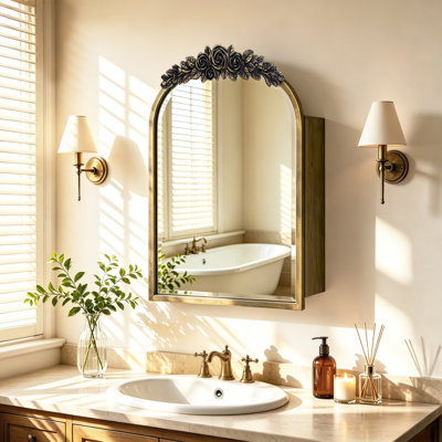 Vintage Bronze Arched Bathroom Mirror Cabinet Recessed / Surface Mount Medicine Cabinet