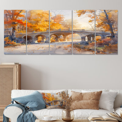 Yellow Beige Elegant Autumn Park Bridges I - Bridges Wall Art Living Room Set