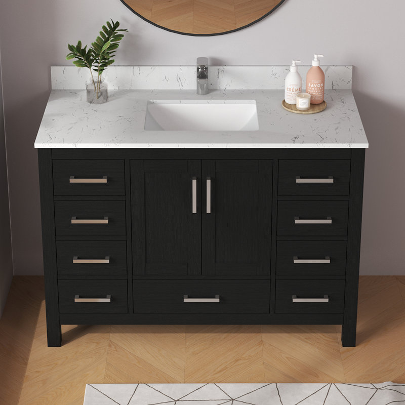 Ensemble de meuble-lavabo simple 48 po Felix avec plateau et dosseret en marbre d'ingénierie à surface solide Felix, Noir