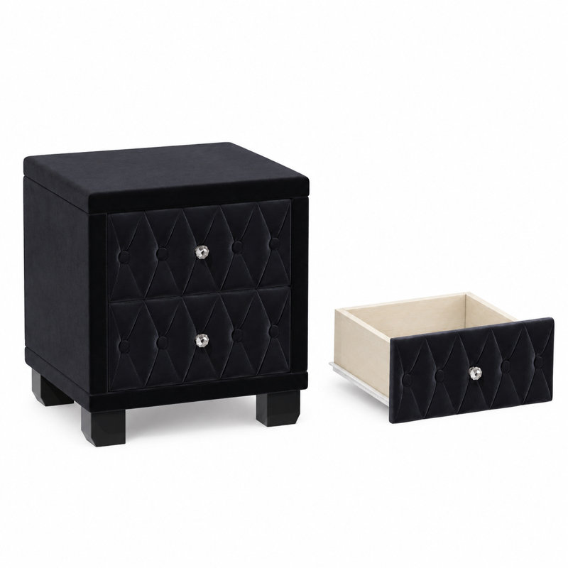 Table de chevet Celestine en velours avec deux tiroirs, capitonnage à boutons et poignées en cristal, Noir
