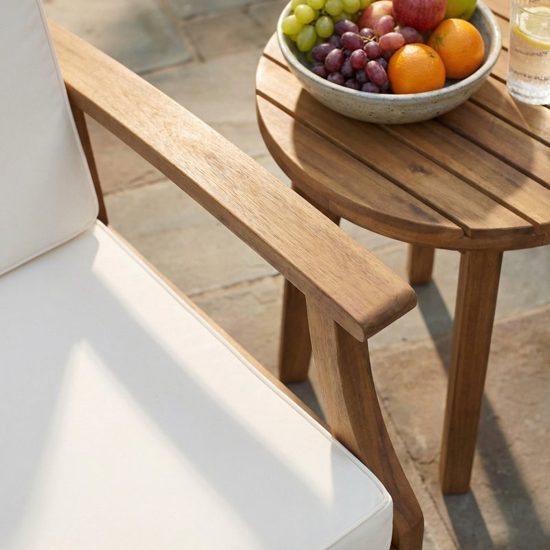 Gustau Outdoor 3-Piece Acacia Wood Conversation Set With Slatted Design & Cushions, Teak, Cream