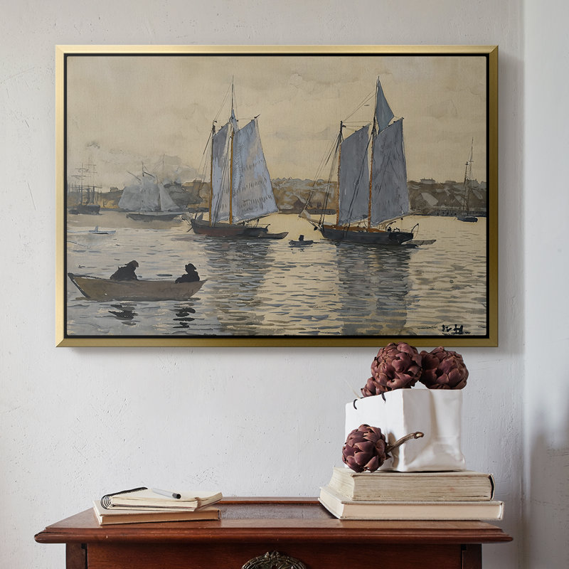 Deux goélettes, Gloucester, v. 1880 - Toile tendue avec châssis Winslow Homer, 16 x 24, Doré