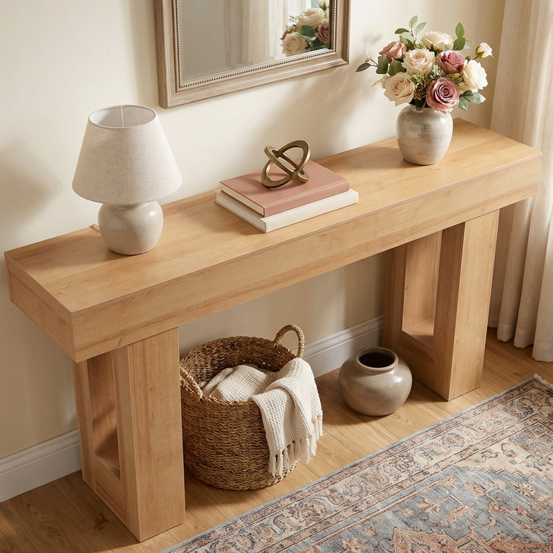 Console de 63 po de largeur, canapé de style campagnard, table d'entrée étroite à grain de bois chaud, Brun, Brun