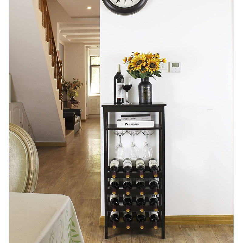 Igikpak 16 Bottle Floor Wine Bottle & Glass Rack in Black, Brown