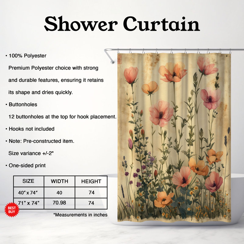 Rideau de douche standard 1 pièce Old Garden, H 74 po x l 40 po