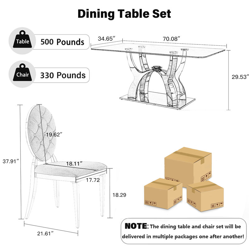 Ensemble de table de salle à manger rectangulaire en verre trempé avec chaise Luxtury, Beige, 7