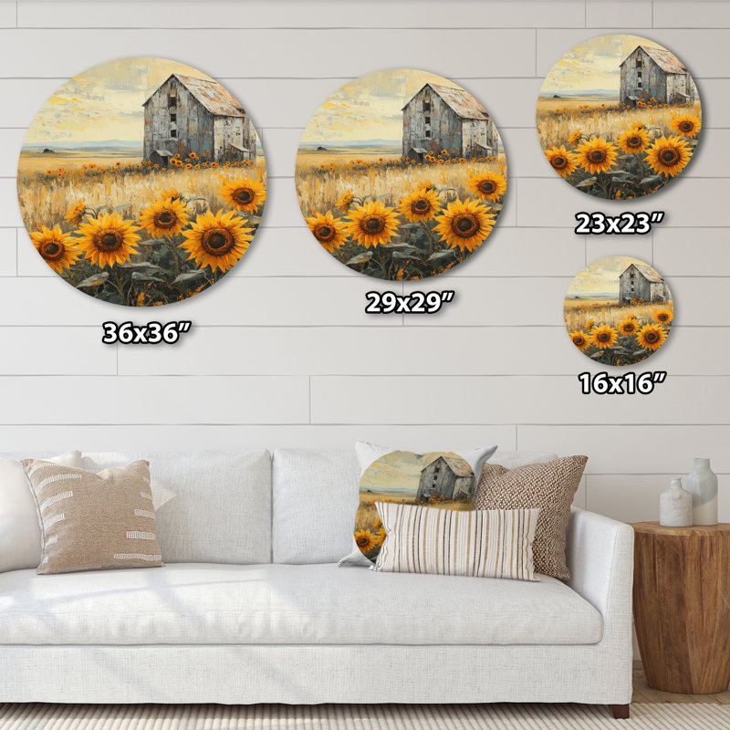 Sunflowers by the Grain Elevator - reproduction d'art traditionnelle jaune sur métal, H 36 po x l 36 po