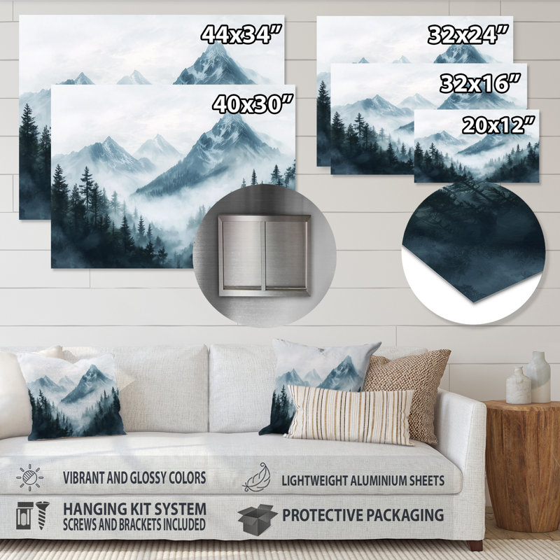 Misty Mountain Morning II - montagnes, art mural en métal pour le salon, H 34 po x l 44 po