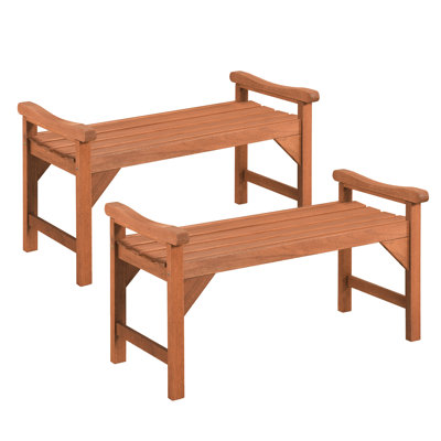 Banc de jardin sans dossier en bois massif (2 pièces) avec poignées de soutien et assise à lattes incurvées