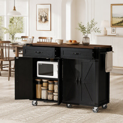 Farmhouse Kitchen Island with Power Outlet, Spacious Storage, Drop Leaf, and Rolling Wheels for Versatile Use in Home and Kitchen
