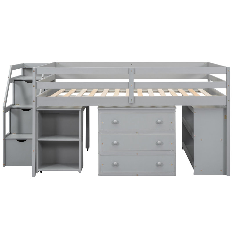 Lit mezzanine double gris avec bureau rétractable, 3 tiroirs, escalier de rangement et tablettes, construction solide, assemblage pratique, idéal pour l'organisation de la chambre à coucher avec des escaliers étagés, du bois de pin,