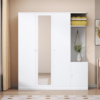 Armoire 4 portes avec tablettes, tiroirs et miroir pleine grandeur