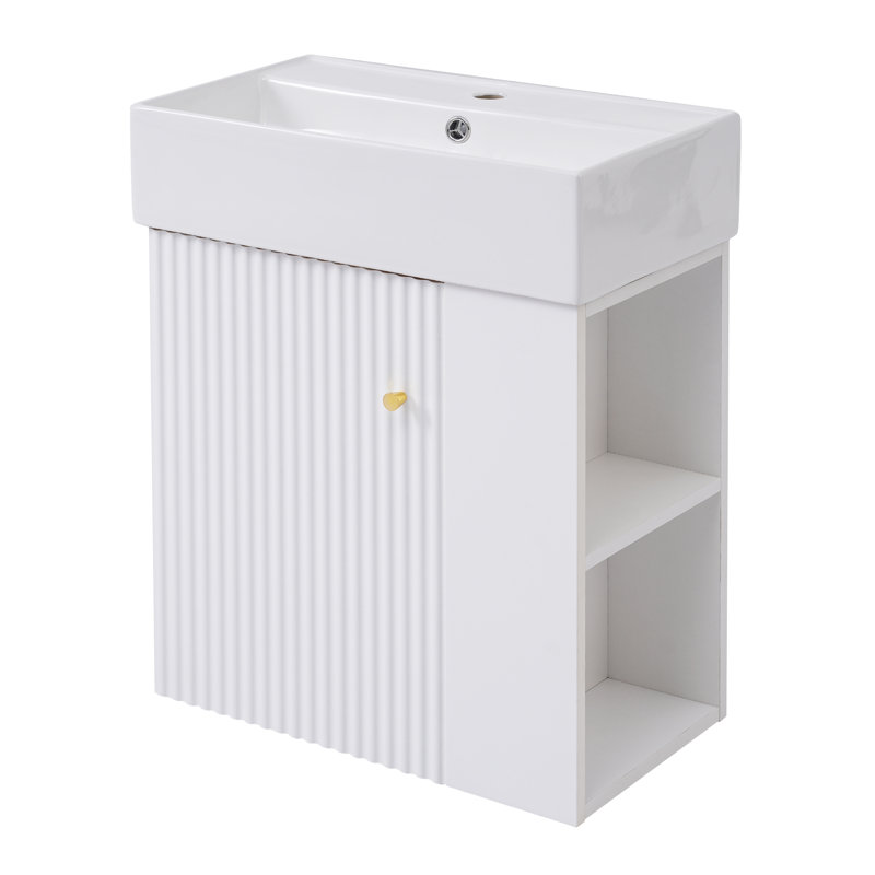 Meuble-lavabo flottant 21,6 po - Bassin en céramique + rangement à droite et poignée en or rose