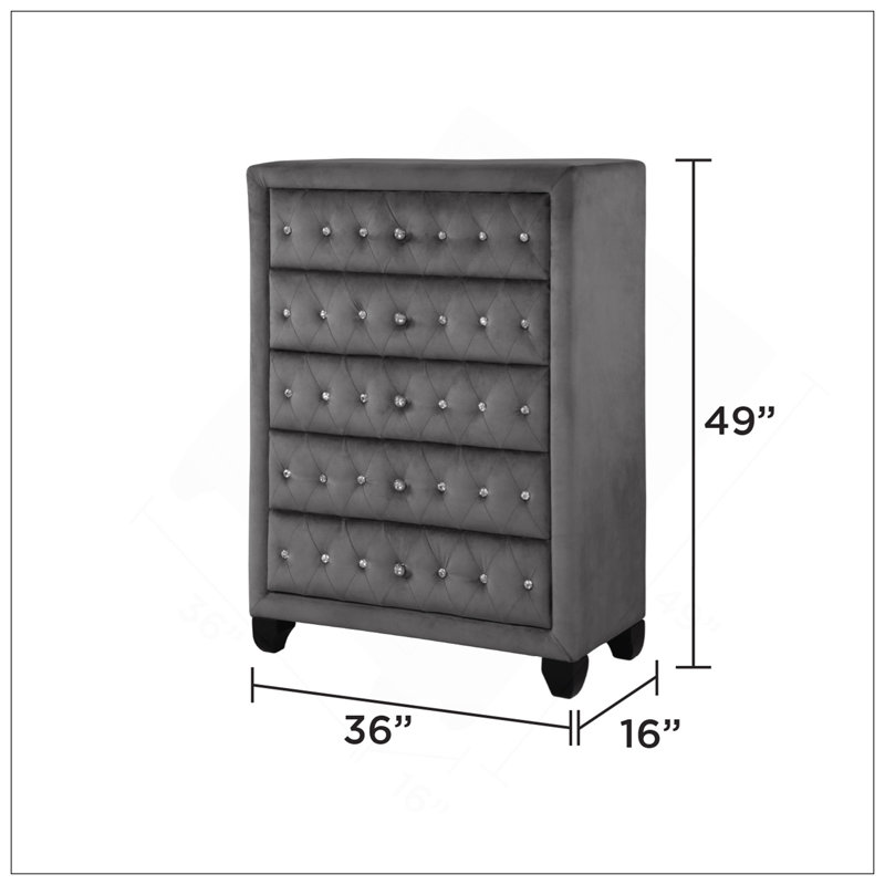 Modern Style Crystal Tufted Upholstery 5-Drawer Chest Finished With Velvet Fabric Made With Wood, Gray
