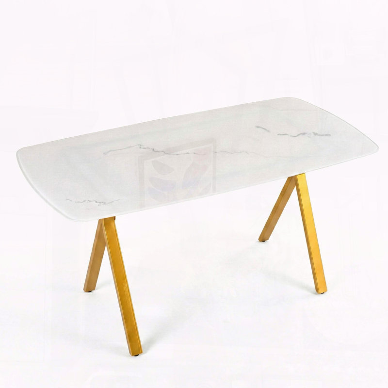 Rectangular Tempered Glass Dining Table – Marble Pattern with Gold Legs, Restaurant Style