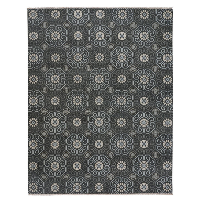 Burmesse-Flower Hand Knotted Wool Pewter/Beige Area Rug, Rectangle 3'6" x 5'6"