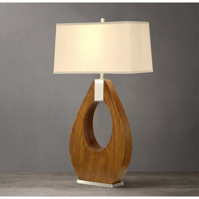 Pearson 30" Premium Contemporary Table Lamp, Pecan Wood & Brushed Nickel, White Linen Shade, 3-Way Rotary Switch, LED Compatible