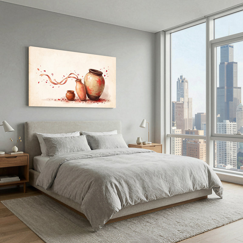Trois pots d'argile avec ruban fluide et cœurs rouges, art mural sur toile, L 46 po x H 24 po