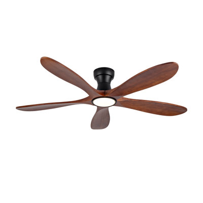 Ventilateur de plafond encastré de 132 cm (52 ​​pouces) avec éclairage et télécommande, 5 pales en bois massif noyer foncé, profil bas, éclairage DEL à intensité variable et mémoire 3 couleurs, réversible et silencieux, idéal pour salon, villa ou maison de campagne.