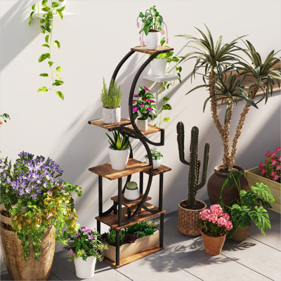 Support à plantes carbonisé 62 x 25,9 x 157 po avec tablettes, détails en bois massif pour l'espace extérieur