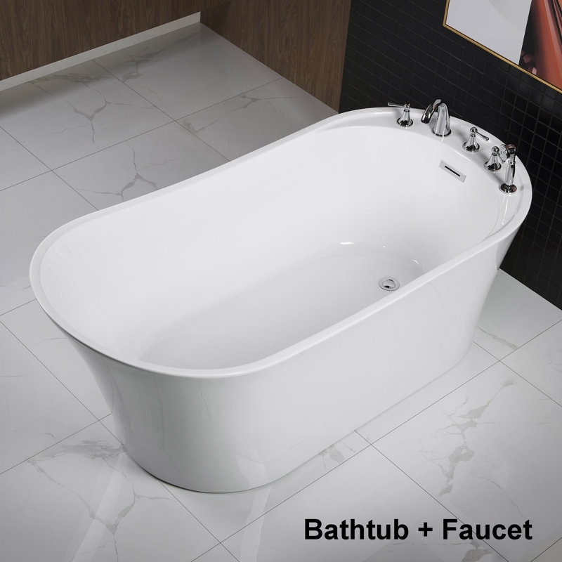 67" x 32" Freestanding Soaking Acrylic Reversible Drain Bathtub & Faucet Set (Drilling Needed), Chrome