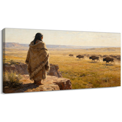 Native American Canvas Wall Art, Bison Herd Prairie Painting, Indian Decor Canvas Prints, Western Heritage Wall Artwork Poster Picture for Living Room Bedroom Office, Ready To Hang , 12×24 Inches