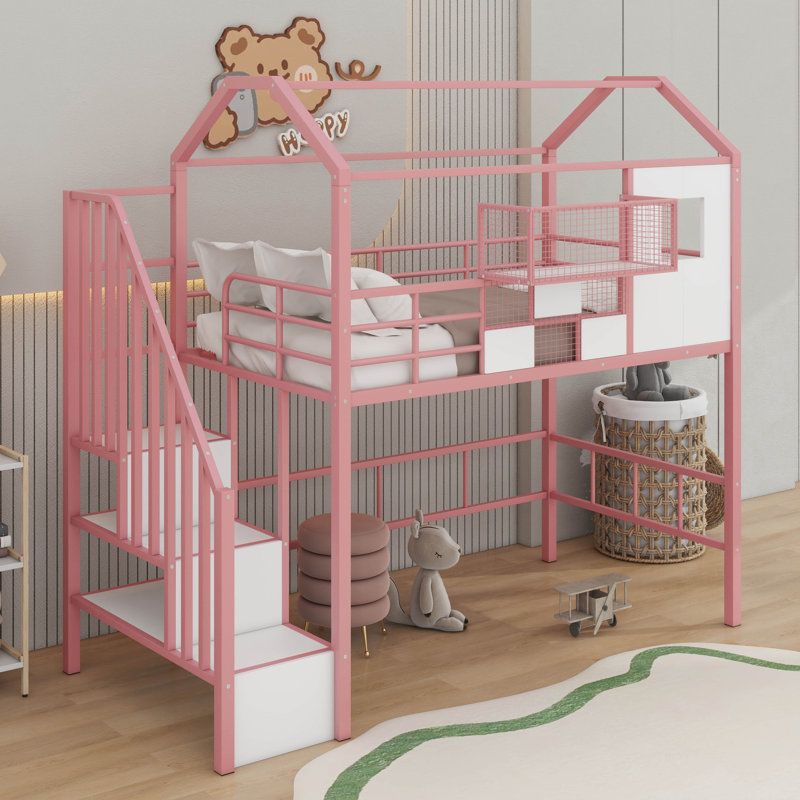 Twin Metal Loft Bed With Roof, Pink