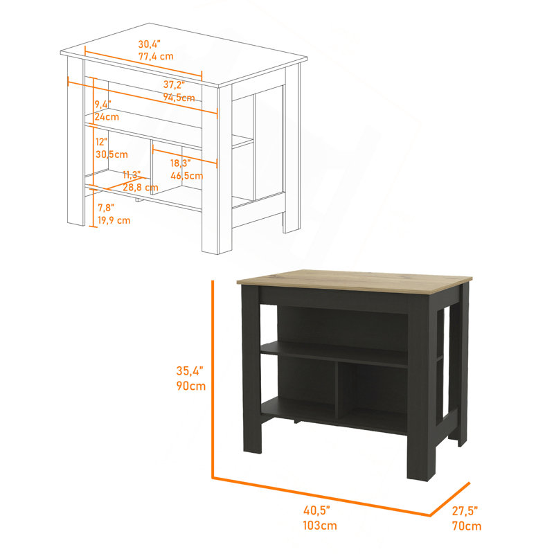 Îlot de cuisine, table de cuisine H 35 po, quatre pieds, trois tablettes de rangement ouvertes, Noir