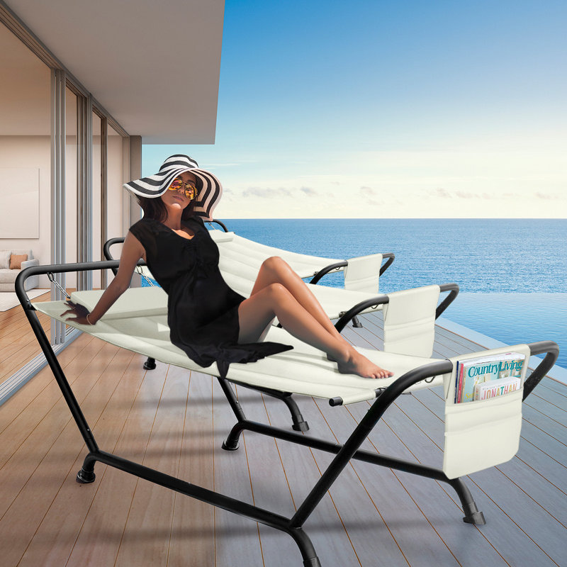 Beige Single-Person Hammock Bed with Stand and Pillow