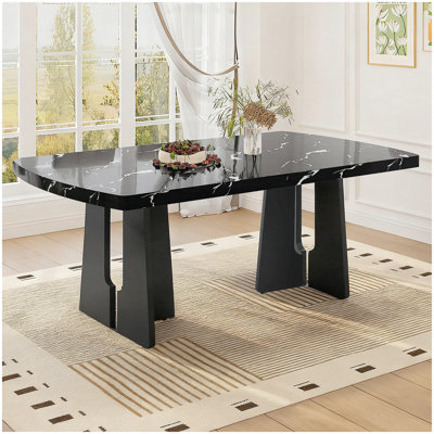 63" Modern Faux Marble Dining Table - Black/White Marble Top with Sturdy Geometric Legs, Stylish Kitchen & Dining Room Table for Home, Apartment, Offi