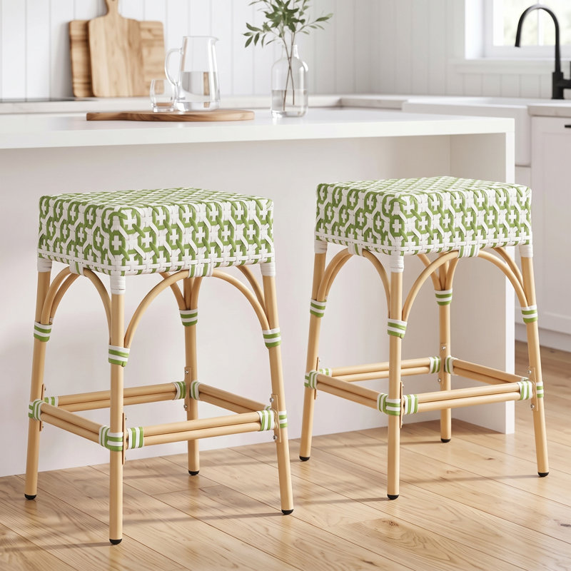 Tabourets de bar en polyuréthane tissé Coastal, Vert/blanc