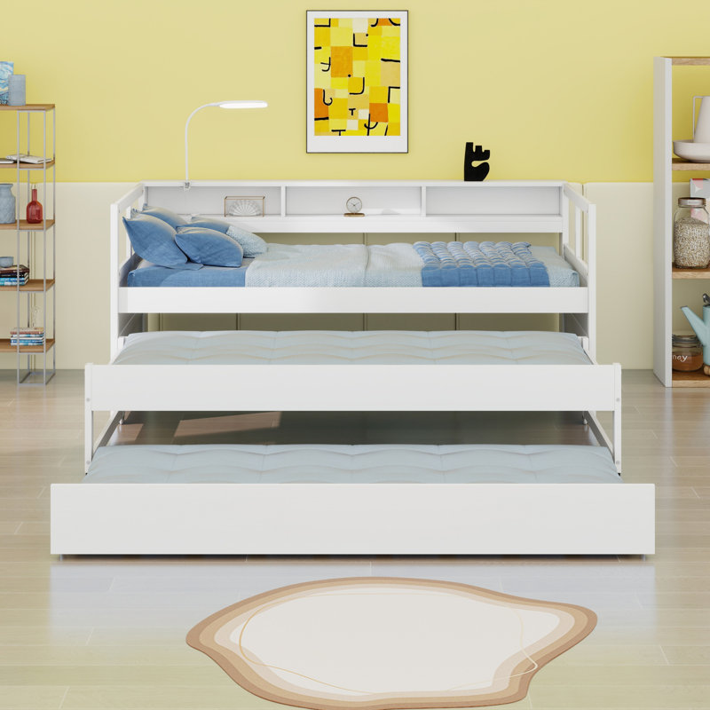 Wood Daybed With 2 Trundles, Storage Shelves, 1 Light For Free And USB Charging Design, White