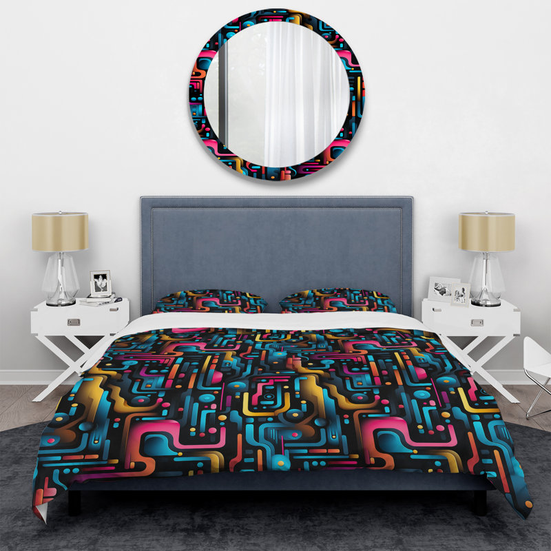 Neon Futuristic Lined Mirage - Ensemble de housse de couette géométrique, Housse de couette simple + 1 taie décorative stan