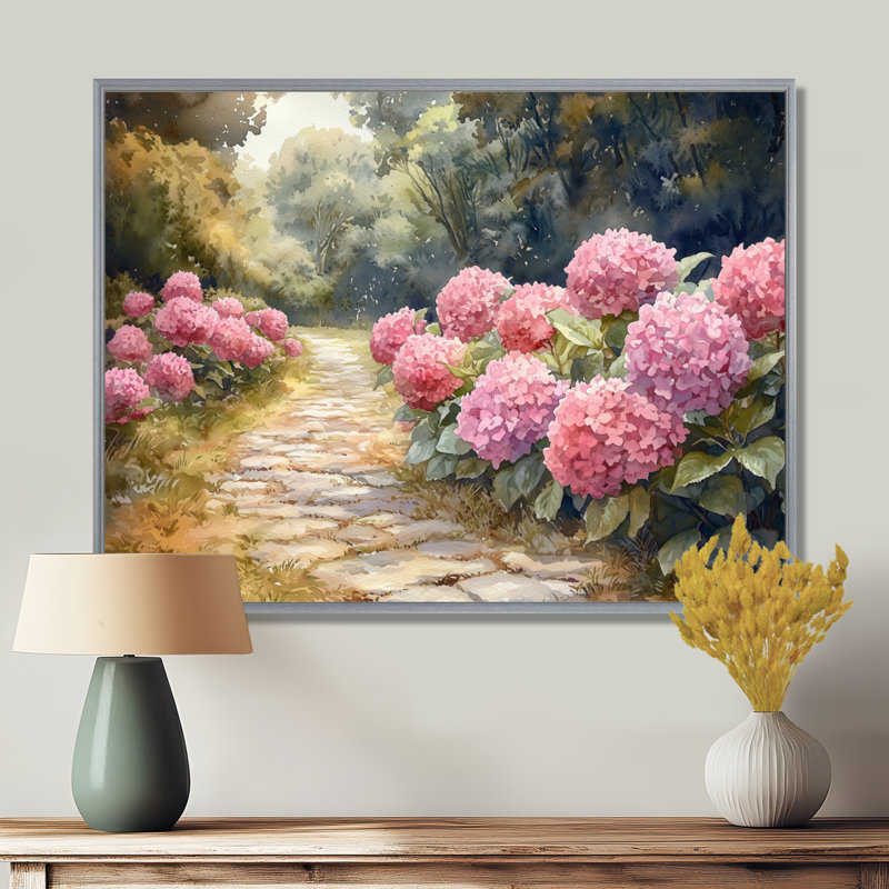 Hydrangeas By The Stone Path I - Hydrangea Wall Art for Living Room, Argent argent, Impression encadrée flottante