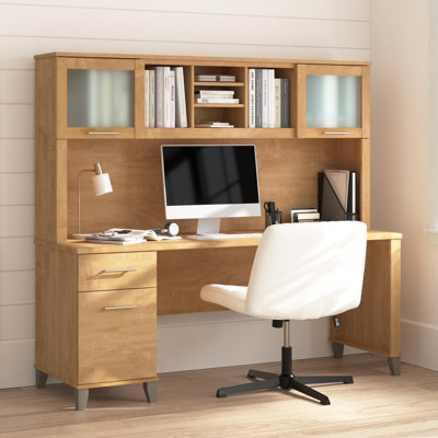 Paelynn 72” Office Desk with Hutch and Drawers, Computer Office Desk with Storage, Modern Wood, Maple Cross