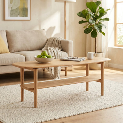 39.4" 100% Solid Oak Coffee Table with Open Storage Shelf, Modern Minimalist Center Table & Low Writing Desk for Living Room