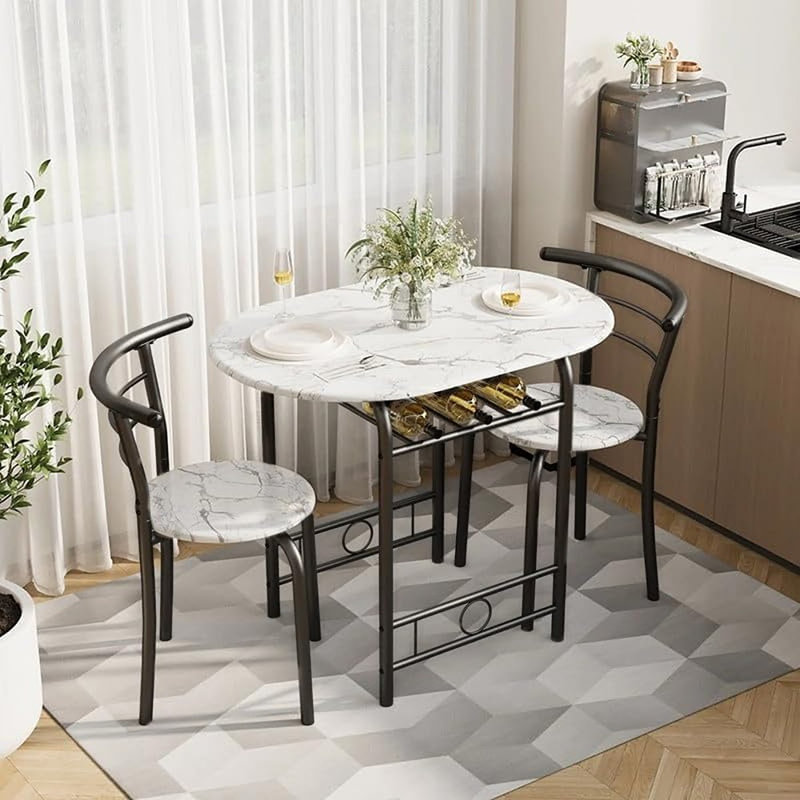 3-Piece Wooden Dining Table Set - Round Table And 2 Chairs With Metal Frame And Built-In Wine Rack - Marble White And Black