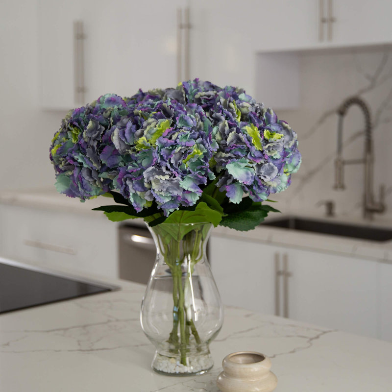 20in. Artificial Hydrangea Arrangement in Glass Vase, Blue