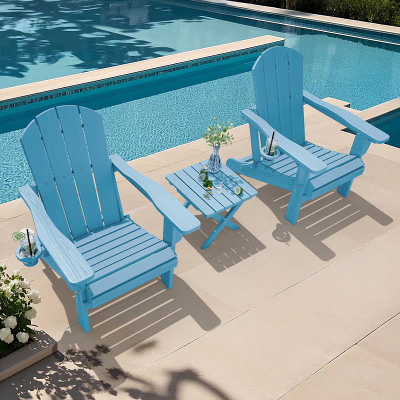 HDPE Outdoor Foldable Adjustable Back Adirondack Chair with Cup Holder, Light Blue