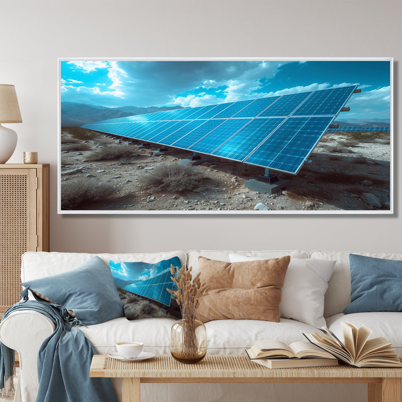 Panneaux solaires monochromes bleus et gris - Panneaux solaires, Toile encadrée flottée blanche, H 28 po x l 60 po x P 1,5 po