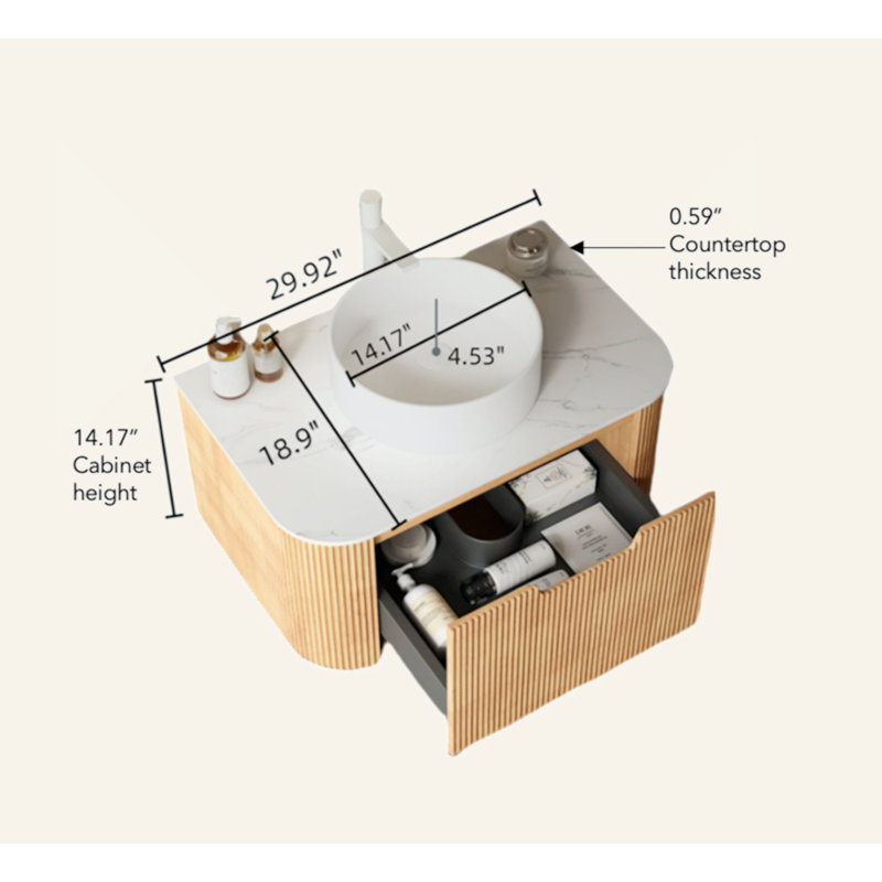 Meuble-lavabo de salle de bain 30 po avec lavabo, meuble-lavabo mural moderne à bords arrondis et courbes avec tiroir, lavabo rond en céramique blanc sans robinet, pré-assemblé