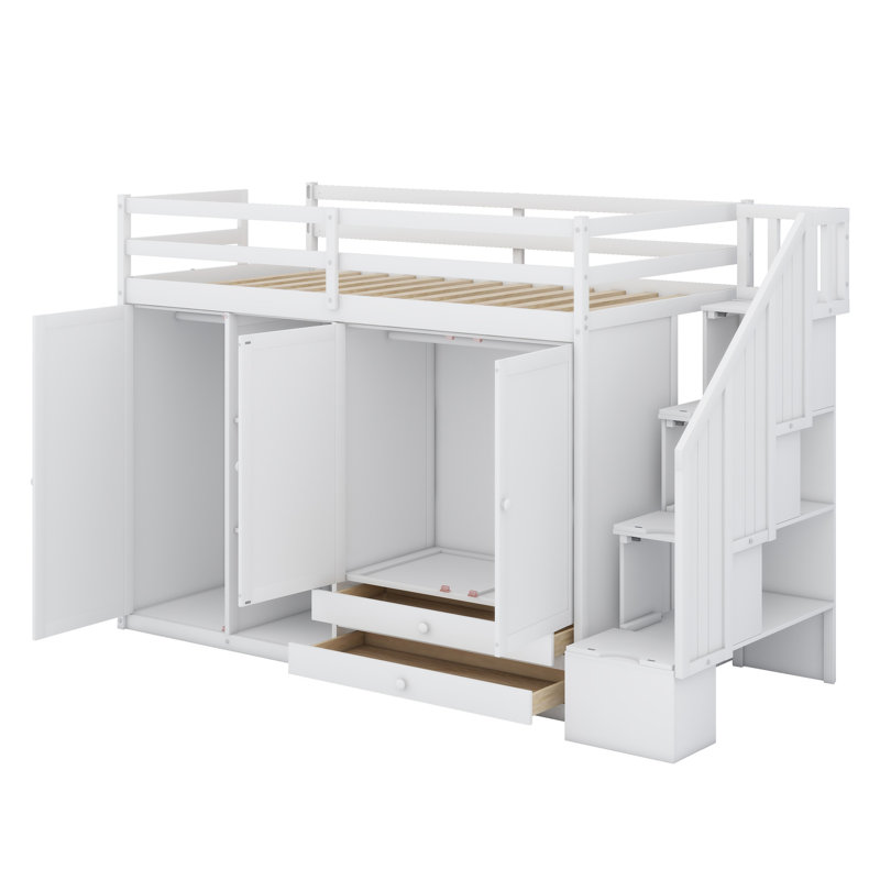 Lit mezzanine avec tablettes, armoires et tiroirs, Blanc