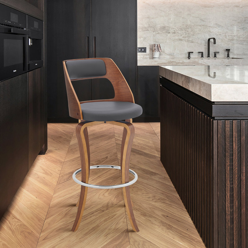 Brookson Swivel Counter or Bar Height Bar Stool with Open Back in Faux Leather, and Walnut Wood, Bar Stool (30” Seat Height)