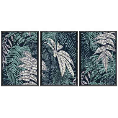 Motif de feuilles tropicales stylisées en bleu sarcelle et sauge - impression sur toile encadrée 3 pièces.