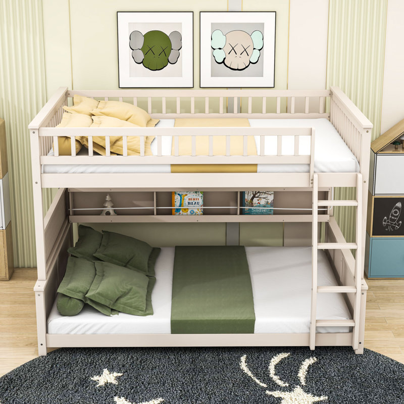 Lit superposé en bois avec étagères, éclairage DEL et rangement à panneaux perforés, Beige, Double TG sur grand