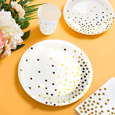 Ensemble de vaisselle jetable blanc / doré pour articles de fête / 24 pièces, 24 pièces