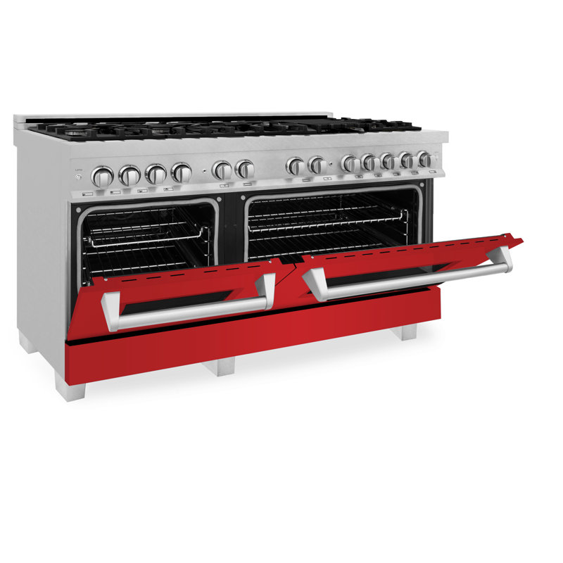 ZLINE 60" Legacy Dual Fuel Range, Satin Stainless Steel and Red Matte