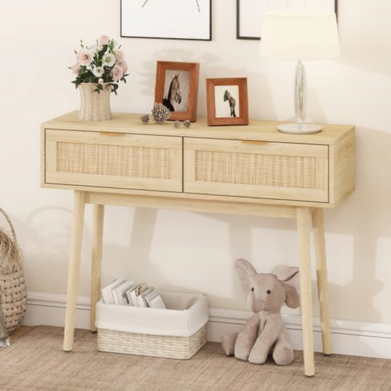 Console en rotin pour entrée, table d'appoint rustique bohème avec porte coulissante, 2 tiroirs et étagère ouverte, idéale pour le salon, le bureau, le corridor ou le mur TV.